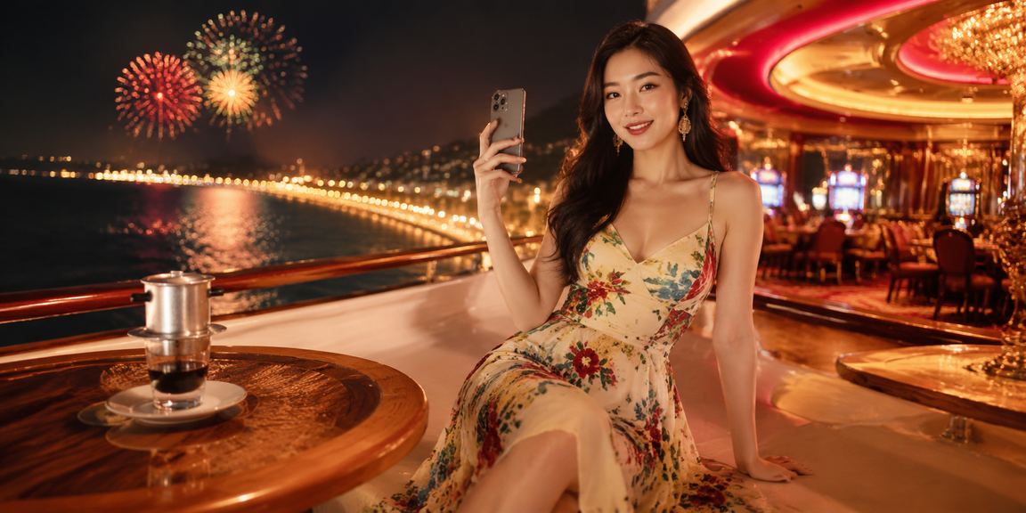 Người dùng Mũi Né chơi casino trên điện thoại di động tại quán cà phê ven biển